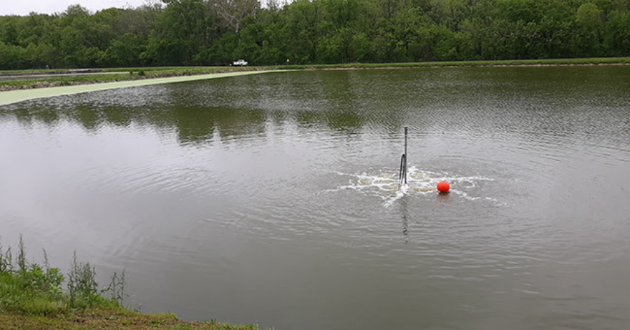 A Tsurumi TRN aerator operates submerged at one of the lagoons of the Teutopolis treatment plant.