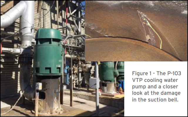 Figure 1 - The P-103 VTP cooling water pump and a closer look at the damage in the suction bell.