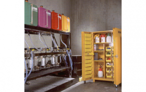 Segment 16 Fig. 1_ Mini bulk storage indoors. Note approved transfer containers on upper shelf of cabinet (Ref. 1)