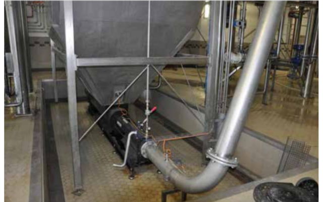 Seen here in the Victory Brewing Company Parkesburg facility, a patented auger feed at the base of the inlet hopper overfeeds the wet but nonflowing spent grain into the NETZSCH NEMO® progressing cavity pump (pump 1) to assure conveyance.